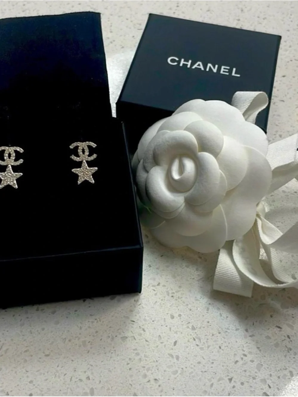 CHANEL Silver Crystal CC Star Drop Earrings ✨